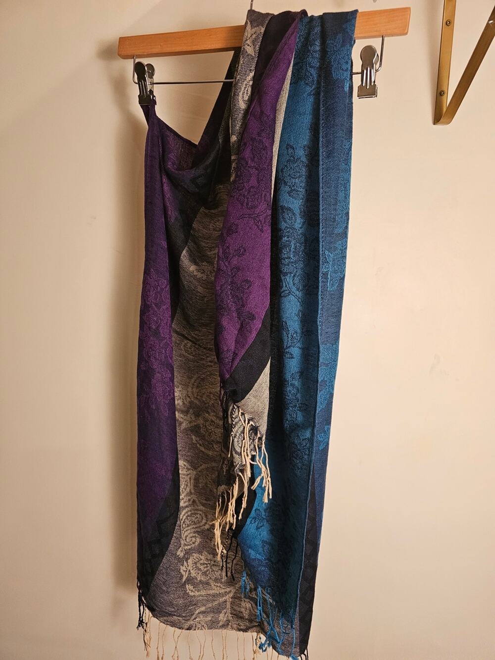 Pashmina/Silk Purple & Teal Floral Jacquard Scarf